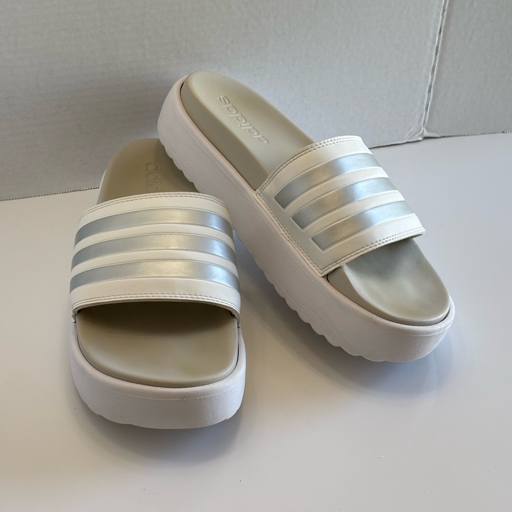 Adidas Adilette Platform Sandal IE9703 Women's 9 White/Metallic Comfort Slides - Picture 11 of 15